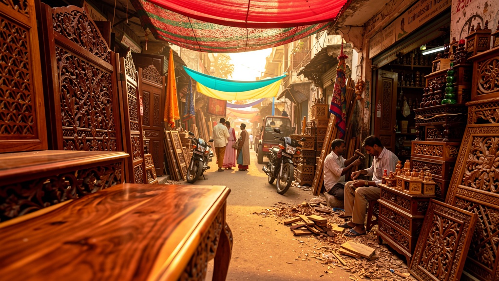 Vibrant Lakkad Bazaar wood market in Saharanpur with carved furniture