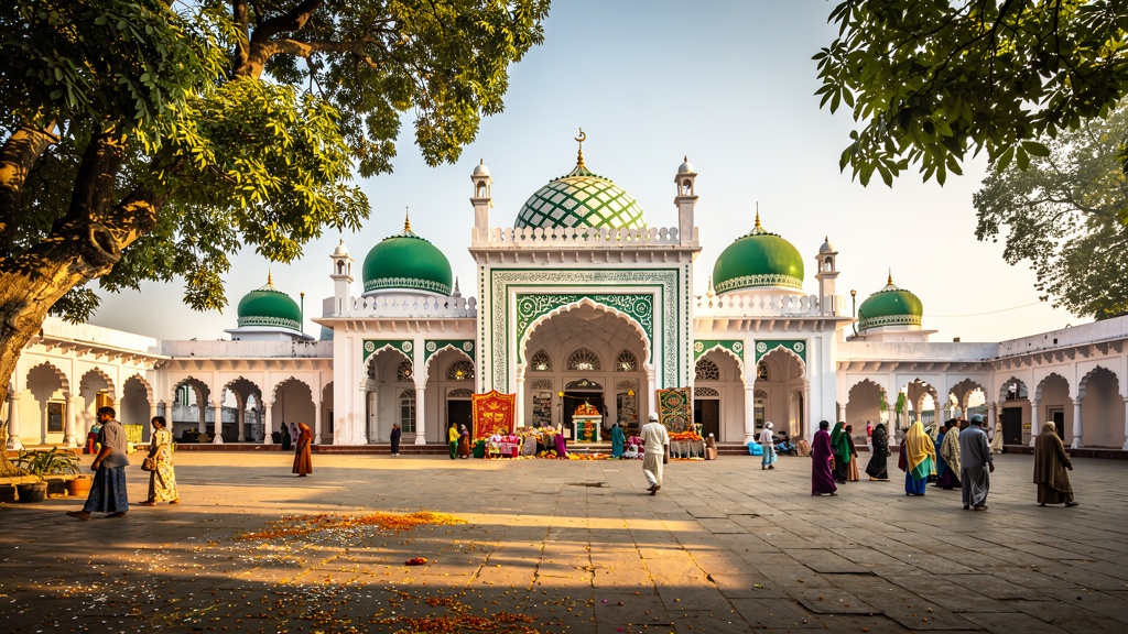 Nau Gaza Peer dargah with green and white domes in Saharanpur