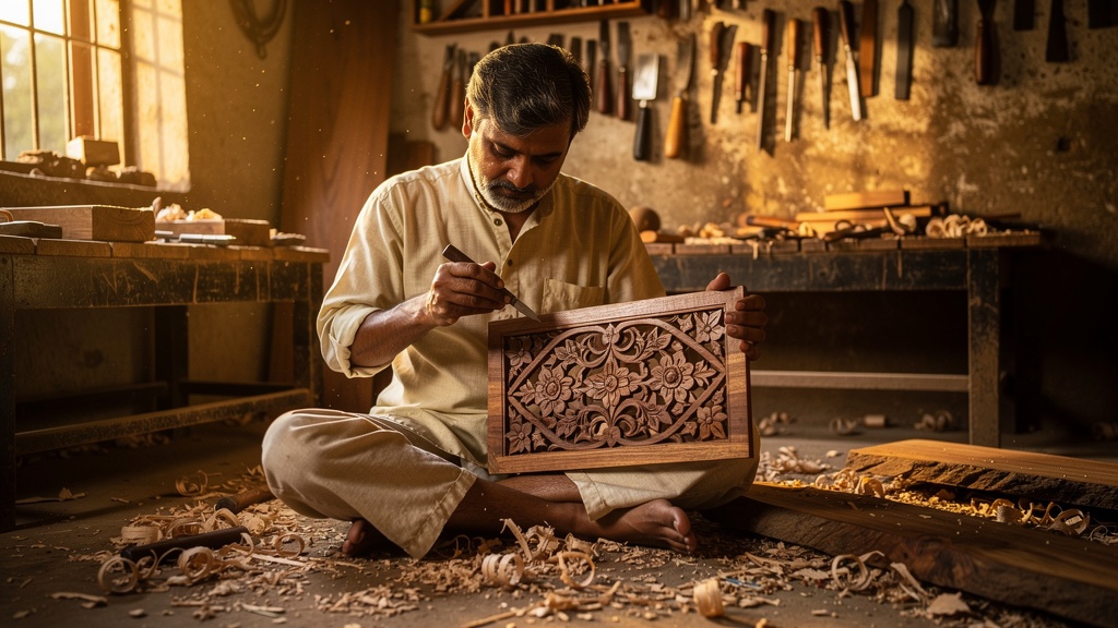 Skilled artisan carving intricate Sheesham wood in Saharanpur workshop
