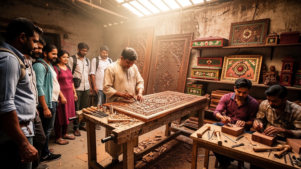 Tourists learning wood carving from master artisans in Saharanpur workshop